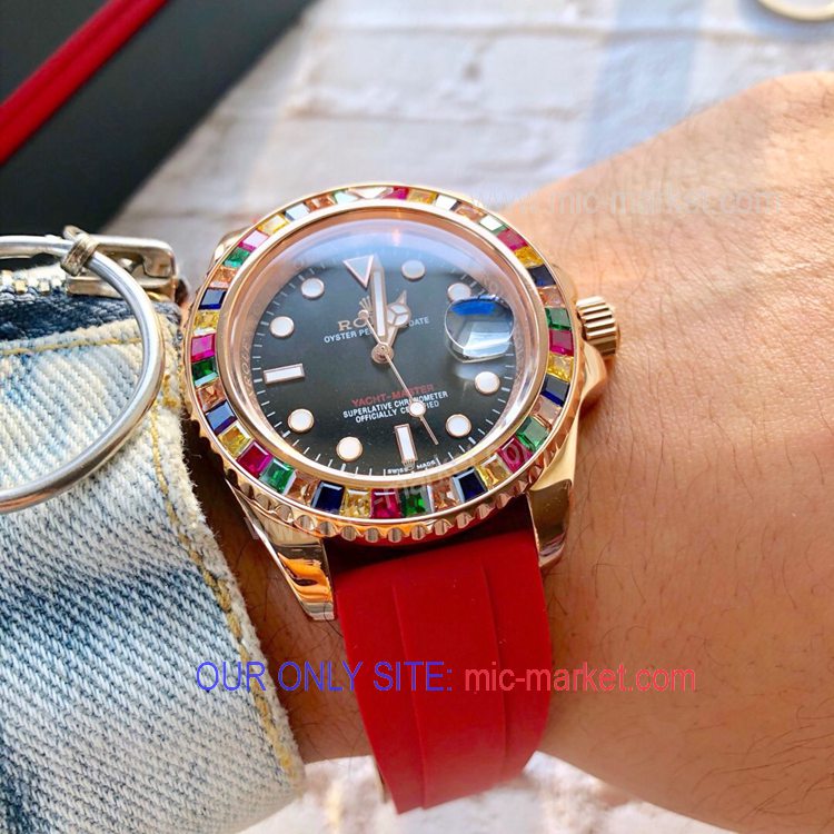 Free Warranty Rolex Yachtmaster Gem-Set Bezel Red Rubber Band Free Warranty Rolex Yachtmaster Gem-Set Bezel Red Rubber Band